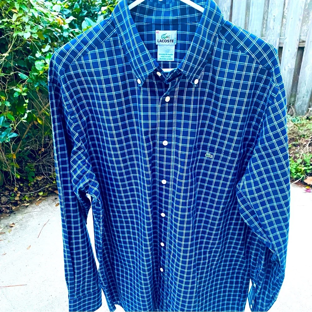 LACOSTE MENS LONG SLEEVE BUTTON DOWN SHIRT SZ45/XXL NAVY BLUE/WHITE SMALL CHECKS - Picture 1 of 10